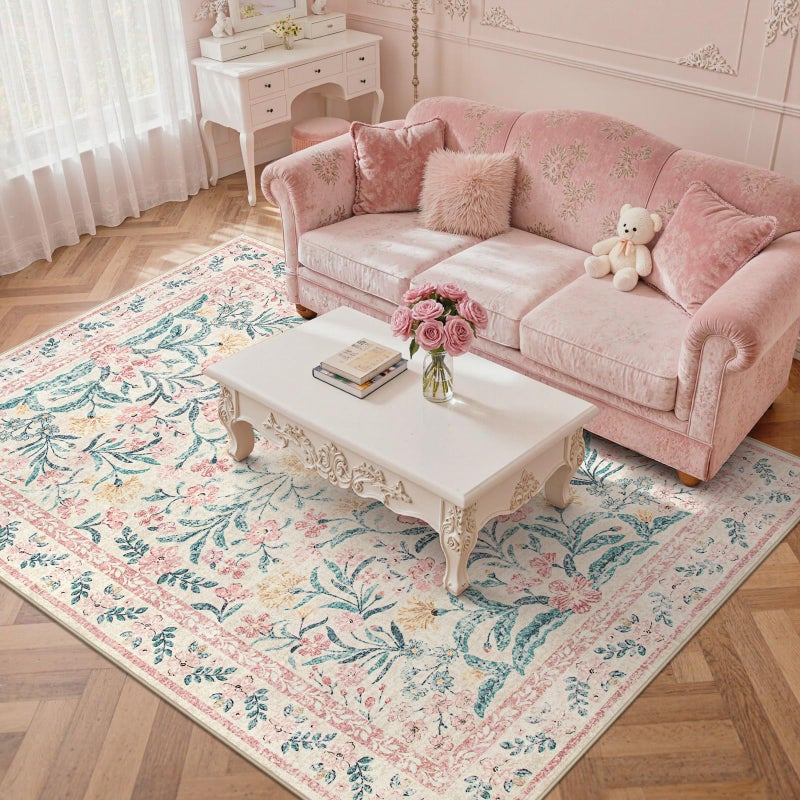 Wonnitar Pink Rugs for Nursery, 5x7 Washable Rug for Bedroom Girls, Boho Soft Floral Carpet Non Slip, Indoor Ultra-Thin Floor Carpet for Baby Kids Room Living Room Dorm Decor - Image 4