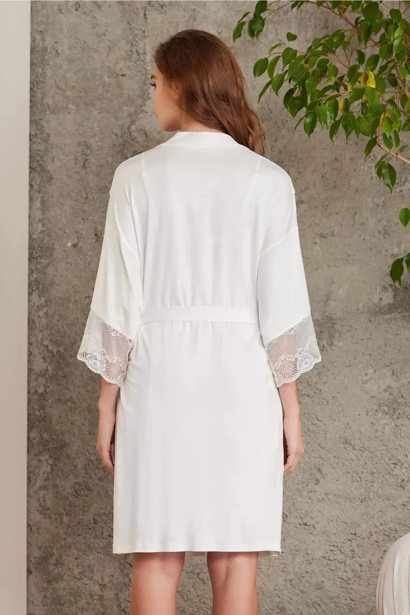 pierre cardin 4010 Women's Lace Combed Cotton Nightgown Dressing Gown Set-Ecru