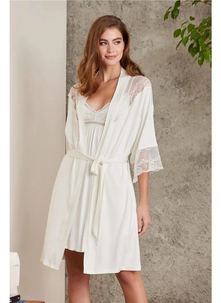 بيير كاردان 4010 Women's Lace Combed Cotton Nightgown Dressing Gown Set-Ecru