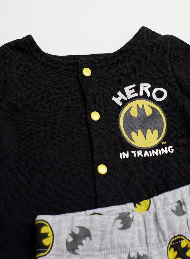 BATMAN Baby Boys Outfit with Snap Shirt and Baby Footed Pants Baby Boy Clothes (Black/Grey/Yellow, 3-6M) - Image 3
