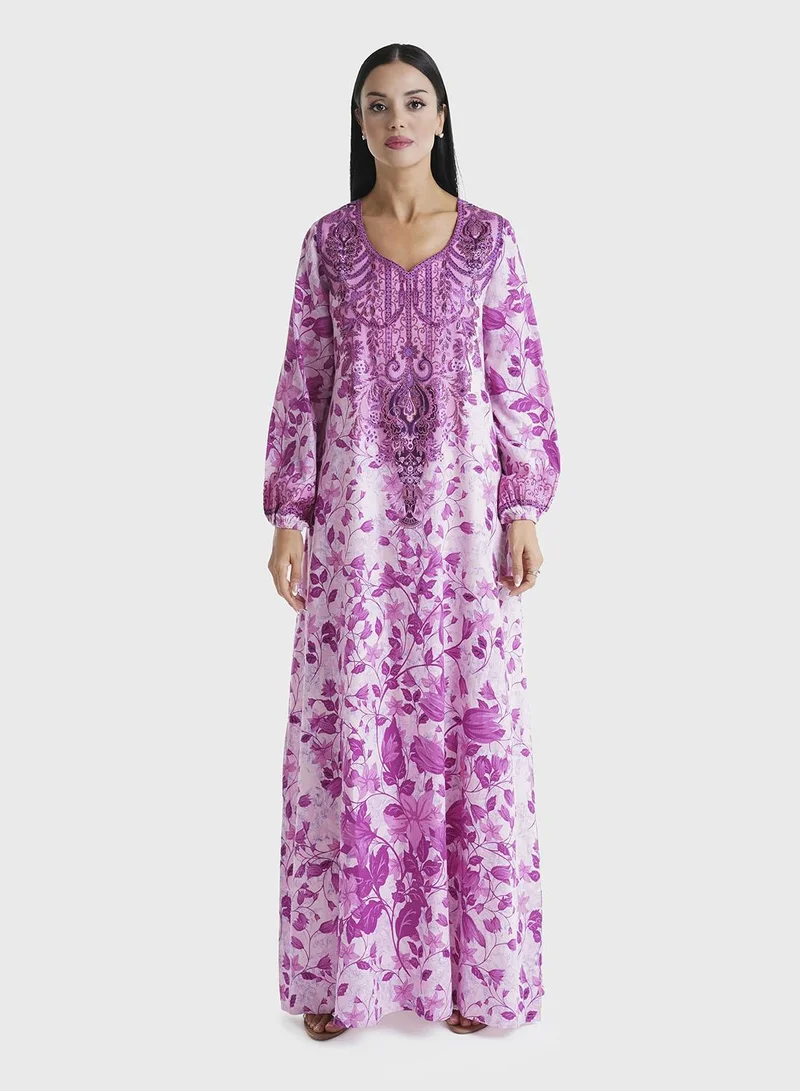 KASHKHA Pink Floral Printed Cotton Satin Stone Work Jalabiya (VDM757)