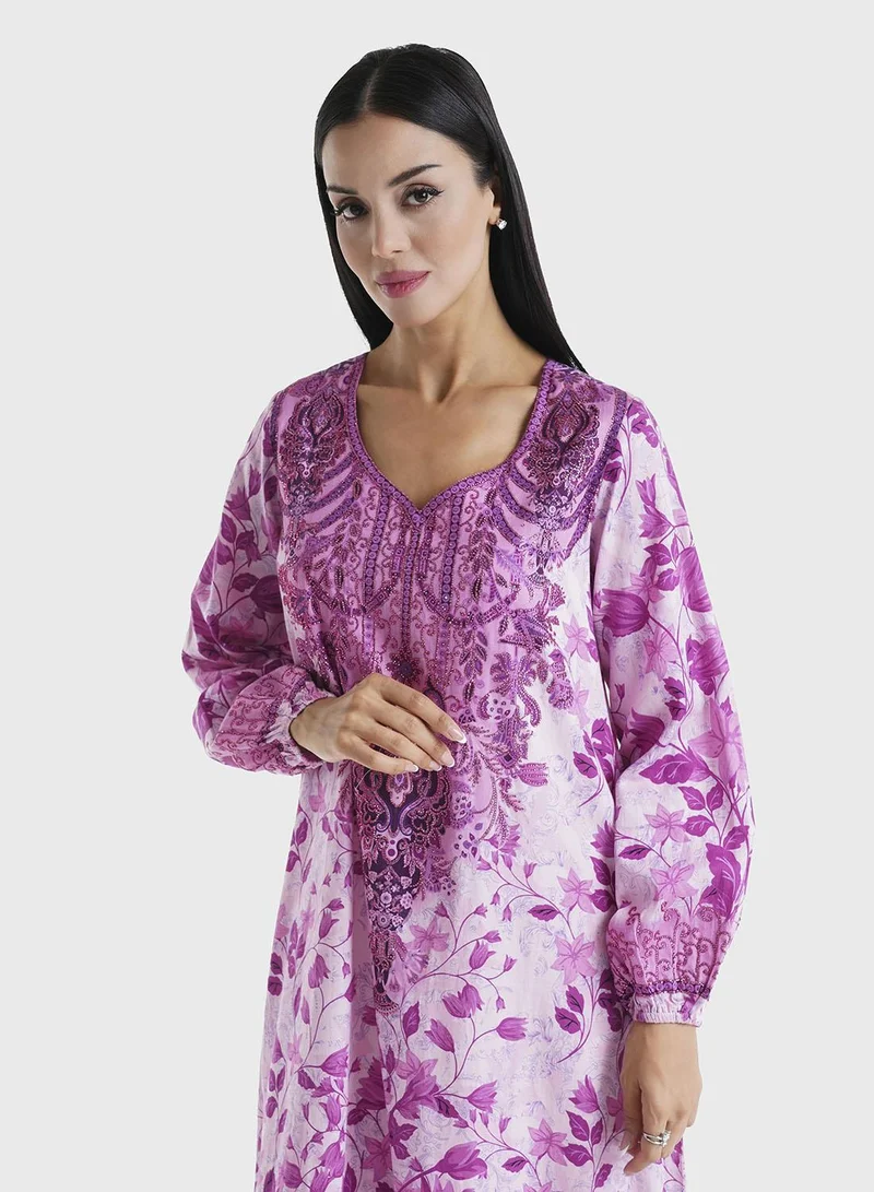 KASHKHA Pink Floral Printed Cotton Satin Stone Work Jalabiya (VDM757)
