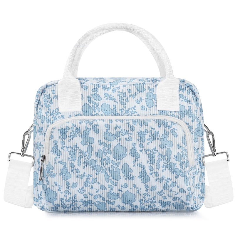 TESAFNG Lunch Box for Women Insulated Lunch Bag Cute Corduroy Lunch Tote Bags Lightweight Reusable Leakproof Cooler Bag with Adjustable Shoulder Strap for Work Office Travel Picnic (Blue Flower) - Image 1