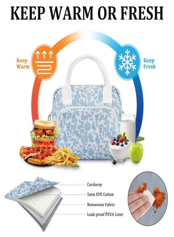 TESAFNG Lunch Box for Women Insulated Lunch Bag Cute Corduroy Lunch Tote Bags Lightweight Reusable Leakproof Cooler Bag with Adjustable Shoulder Strap for Work Office Travel Picnic (Blue Flower) - Image 3