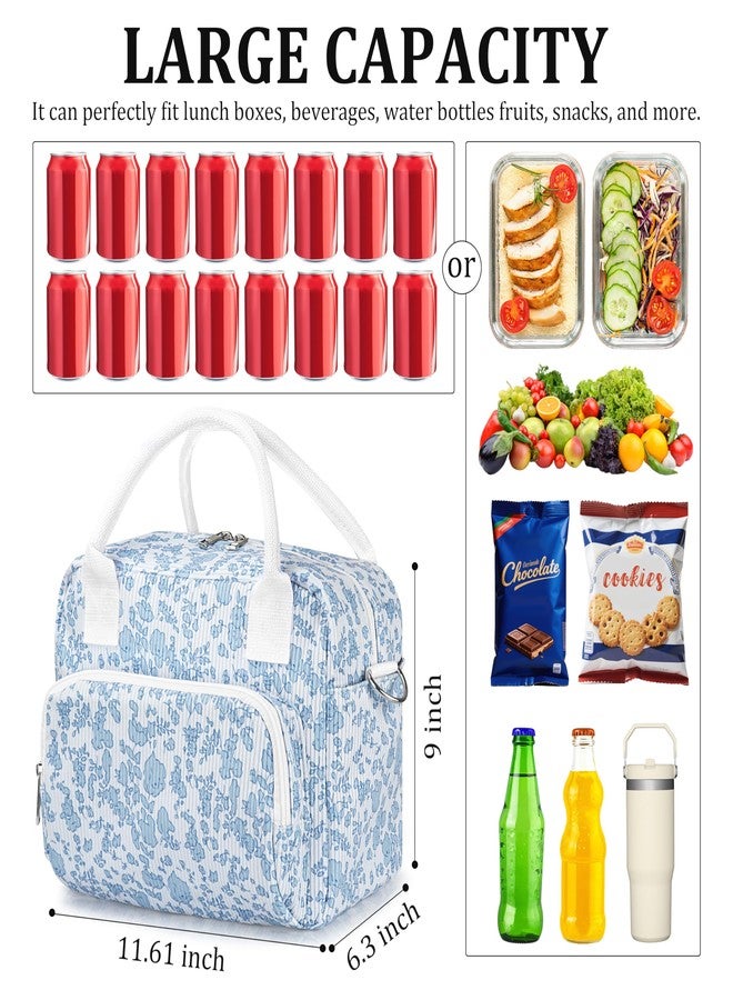 TESAFNG Lunch Box for Women Insulated Lunch Bag Cute Corduroy Lunch Tote Bags Lightweight Reusable Leakproof Cooler Bag with Adjustable Shoulder Strap for Work Office Travel Picnic (Blue Flower) - Image 2