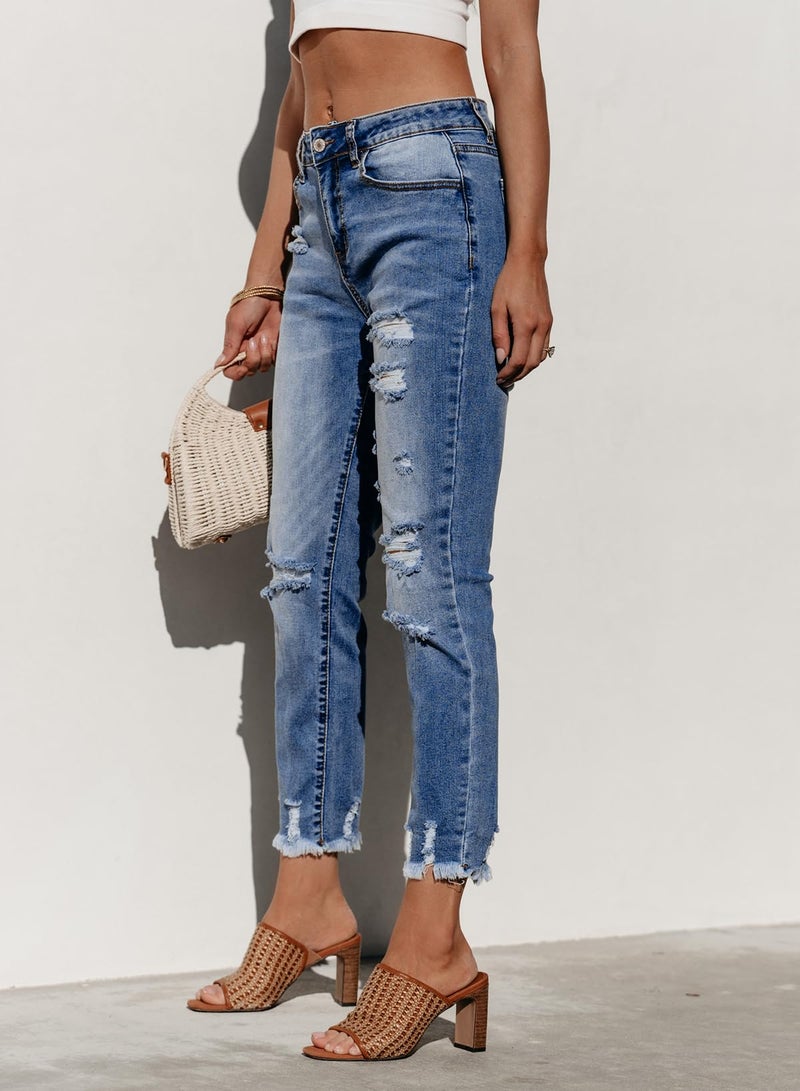 Sidefeel Women's Distressed Raw Hem Boyfriend Jeans Ripped Straight Leg Denim Pants Sky Blue Size 14 - Image 2