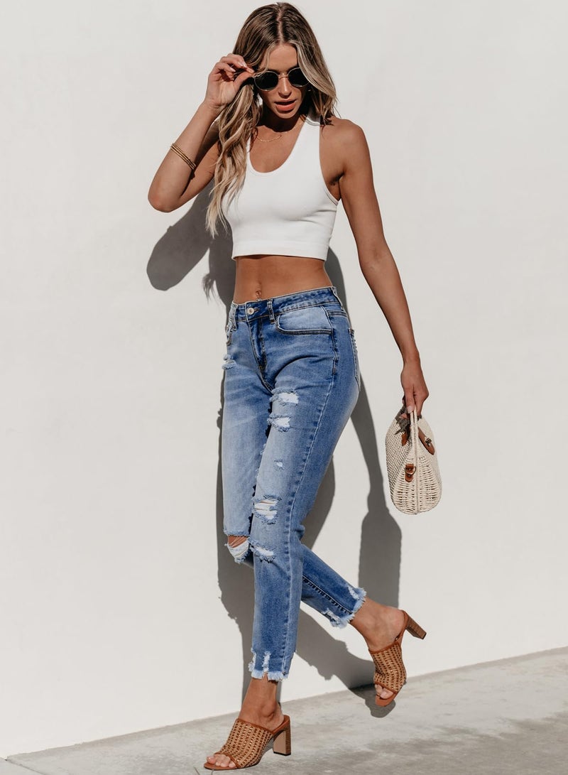 Sidefeel Women's Distressed Raw Hem Boyfriend Jeans Ripped Straight Leg Denim Pants Sky Blue Size 14 - Image 5