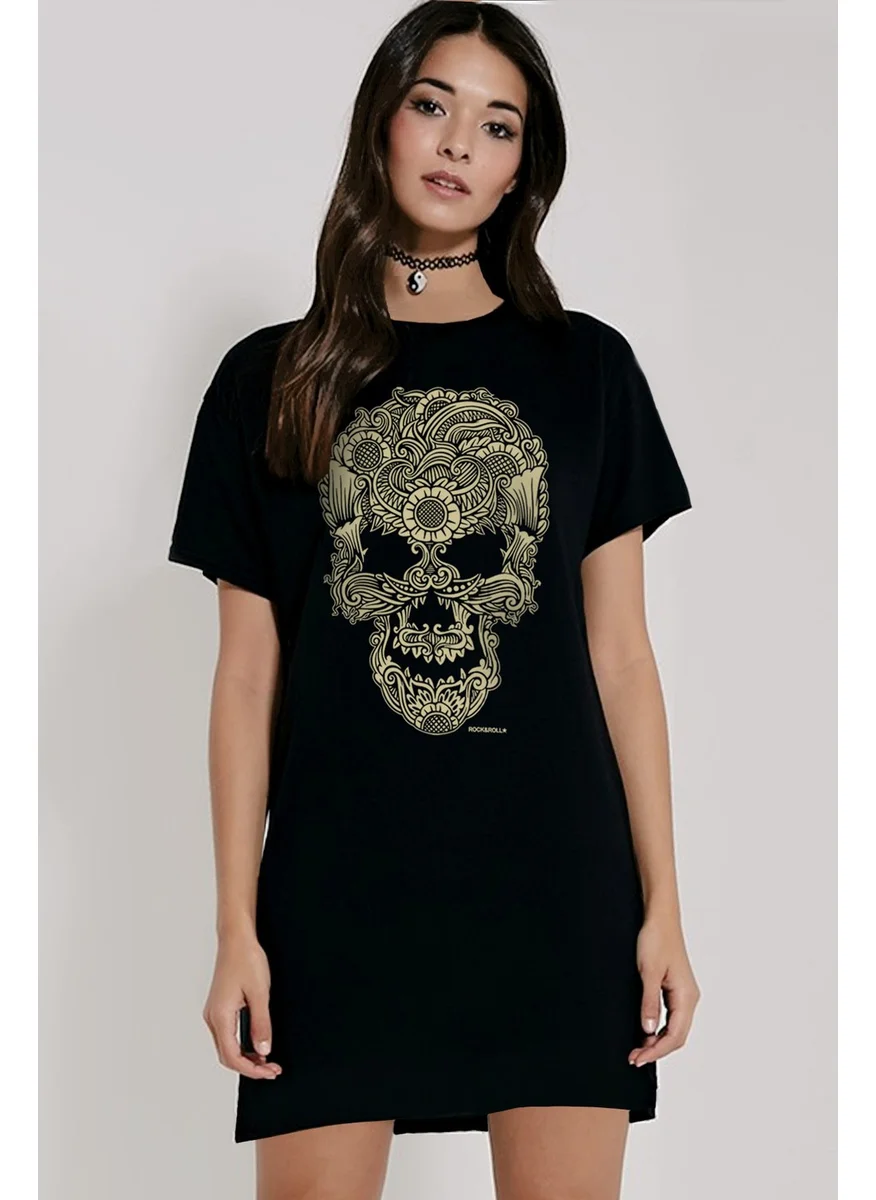 Rock&Roll Black Tattoo Skull Short Sleeve Combed Cotton T-Shirt Dress