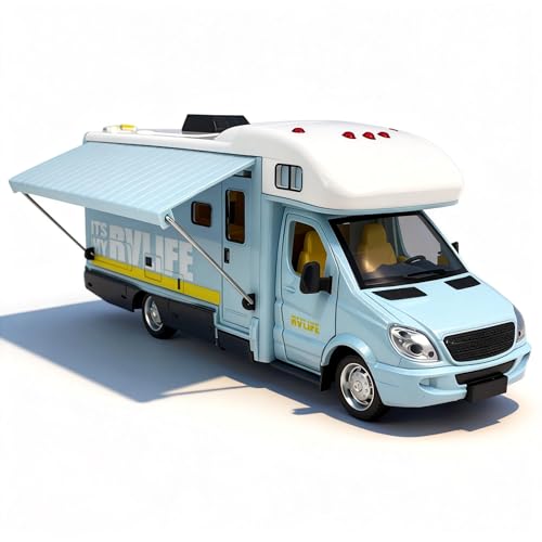 VIIGER Toy Camper RV Motorhome Toys for Boys Girls Diecast Metal Vehicle Pretend Play Pull Back Model Car Doors Awning Open Light Sound Age 3 4 5 6 7 8 Kids Toddlers Birthday Gifts Blue - Image 1