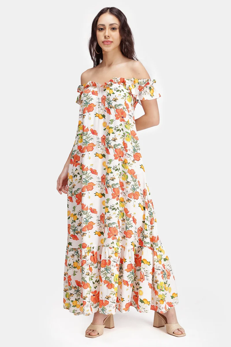 فيرجيو Floral Viscose Off Shoulder Maxi Dress for Women