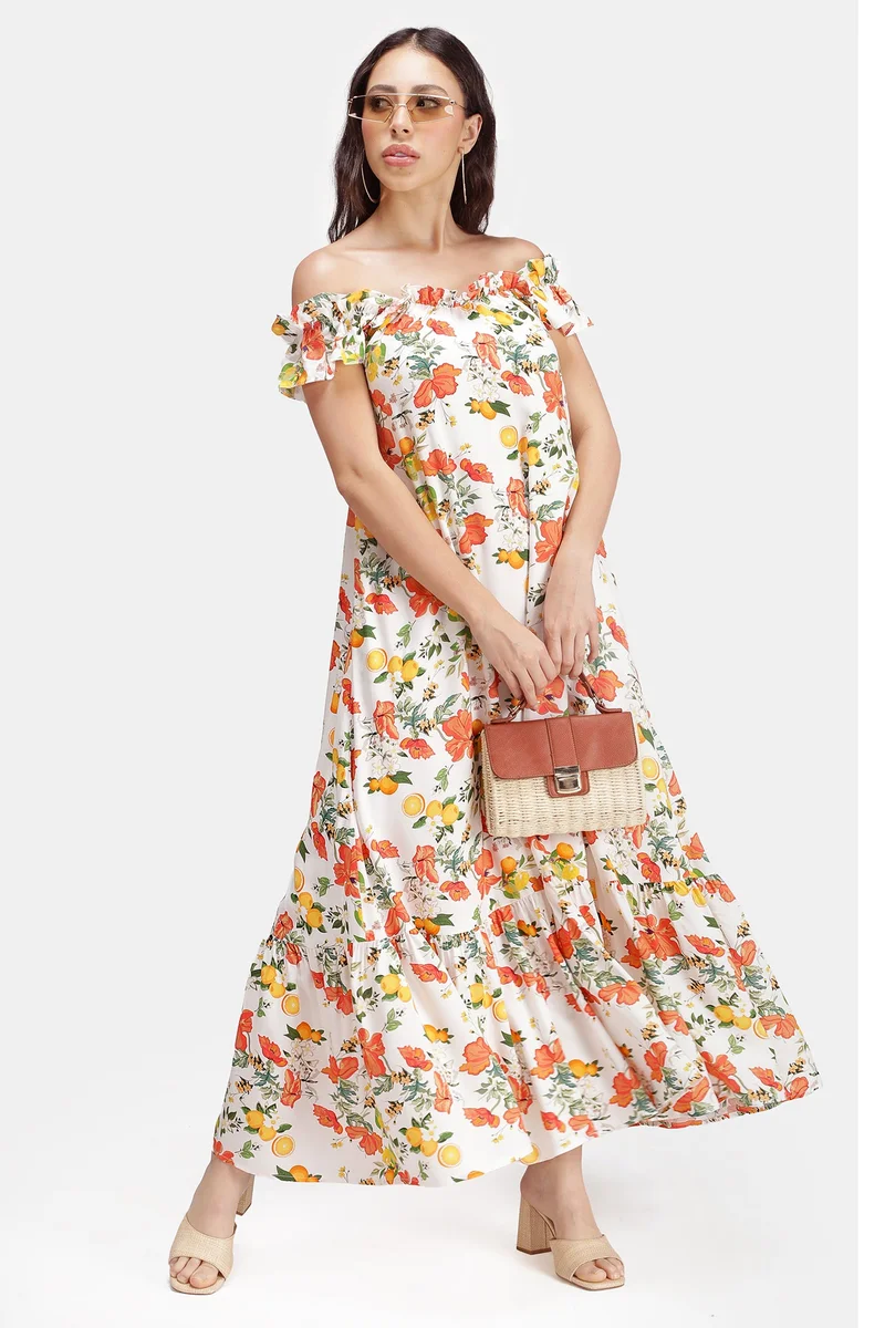 فيرجيو Floral Viscose Off Shoulder Maxi Dress for Women
