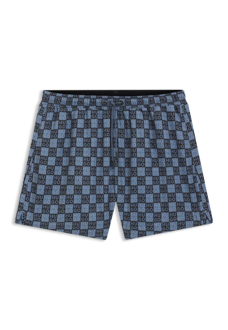 HUGO Dark Blue Quick-dry swim shorts with stacked-logo check print for Men | Best Price UAE