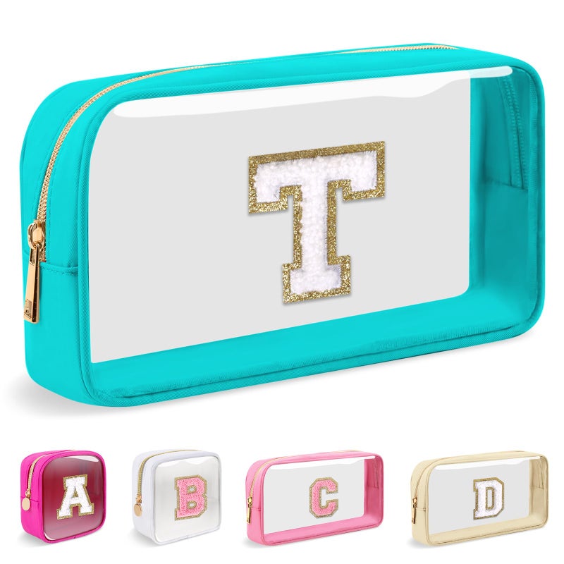 Iqimott Small Clear Personalized Initial Makeup Bag Preppy Nylon AZ Chenille Letter Patch Makeup Organizer TSA Approved Travel Toiletry BagWaterproof Zip Beach Cosmetic Pouch Purse for WomenCyanWhite T - Image 2