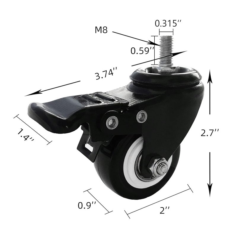 VWINDESK 2 inch M8(0.315'' Φ) 15mm Threaded Locking Caster Wheels, Set of 4, Swivel, Polyurethane PU Swivel Ball Casters with 360 Degree Top Plate 220lb Total Capacity, Brake, Used for Standing Desk - Image 3