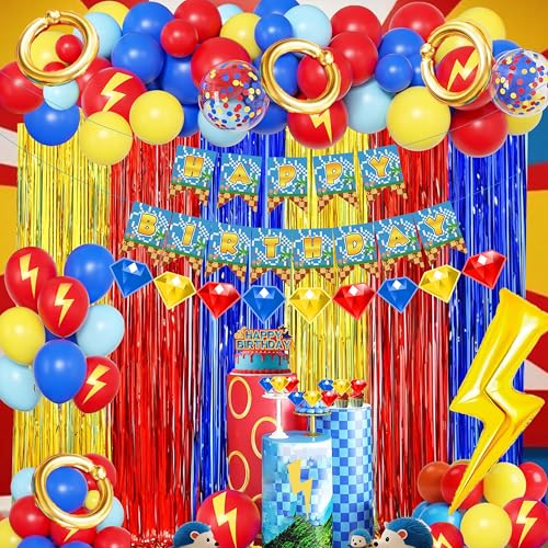jenmir Cartoon Hedgehog Birthday Decorations for BoysBlue Red Gold Fringe Curtains Gold Circle Explosion Star Foil BalloonHappy Birthday Banner - Image 1