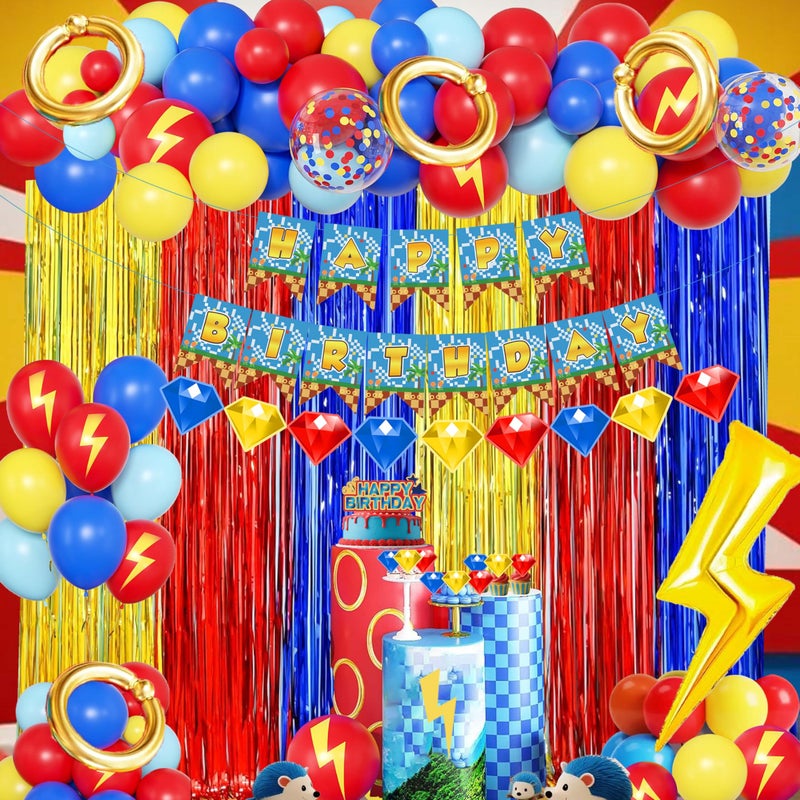 jenmir Cartoon Hedgehog Birthday Decorations for BoysBlue Red Gold Fringe Curtains Gold Circle Explosion Star Foil BalloonHappy Birthday Banner - Image 3