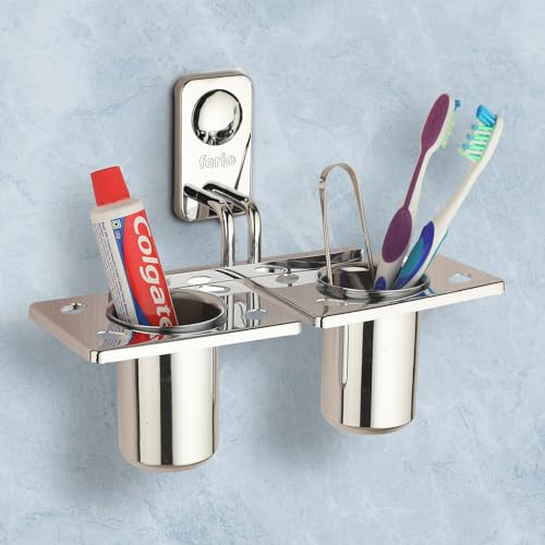 FERIO Stainless Steel Double Tooth Brush Holder Toothbrush Holders for Bathroom Toothpaste Stand Bathroom Accessories Wall Mounted Chrome Finish-(Pack of 1) - Image 2