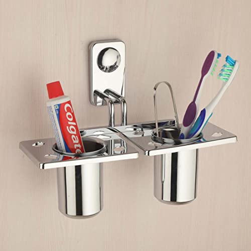 FERIO Stainless Steel Double Tooth Brush Holder Toothbrush Holders for Bathroom Toothpaste Stand Bathroom Accessories Wall Mounted Chrome Finish-(Pack of 1) - Image 1
