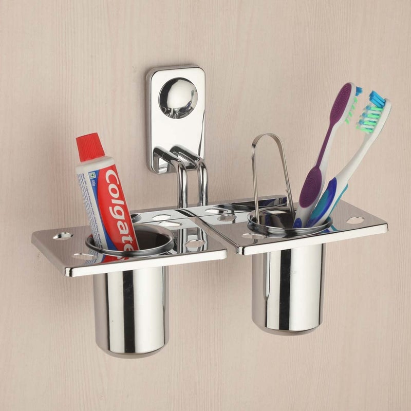 FERIO Stainless Steel Double Tooth Brush Holder Toothbrush Holders for Bathroom Toothpaste Stand Bathroom Accessories Wall Mounted Chrome Finish-(Pack of 1) - Image 5