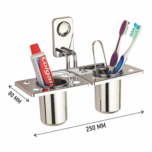 FERIO Stainless Steel Double Tooth Brush Holder Toothbrush Holders for Bathroom Toothpaste Stand Bathroom Accessories Wall Mounted Chrome Finish-(Pack of 1) - Image 3
