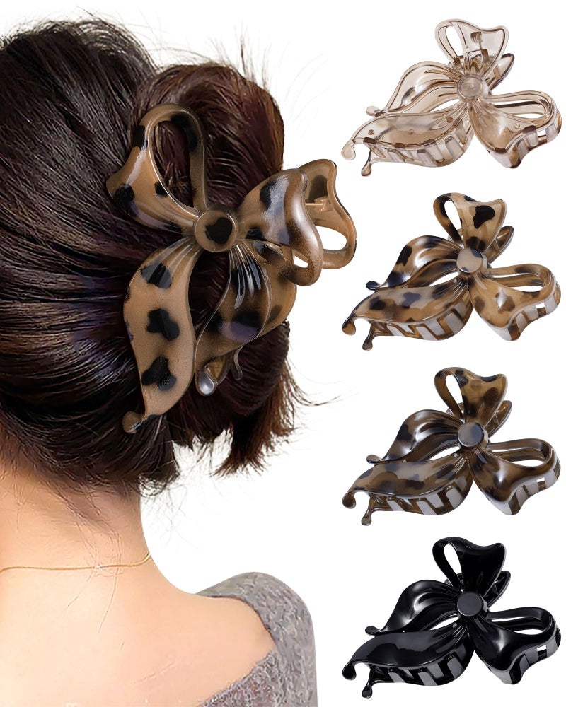 Mesovor 4 Pack Cute Bow Claw Clip for Women, Nonslip Large Matte Strong Hold Bows Hair Clips for Thin and Thick Hair | Chic Hair Styling Accessories (4.1" Black, Leopard) - Image 1