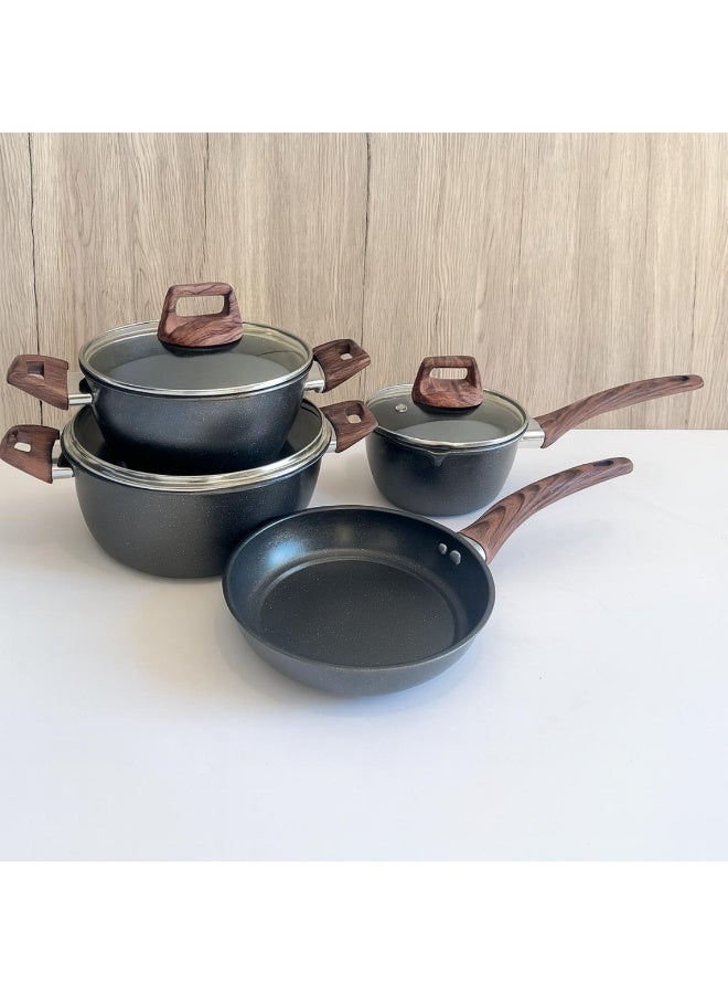 Tradeo Non-Stick Cookware Set with Glass Lids – Marble Coating Pots & Frypan, Wooden-Style Handles (18/20/24 CM) - Image 1