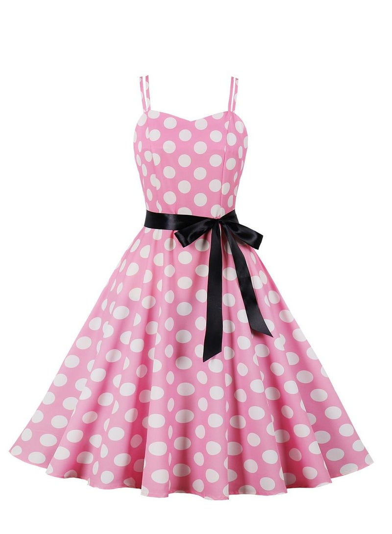 Loquat Vintage Large Hem Lace Up Polka Dot Printed Strap Pink  - Image 1