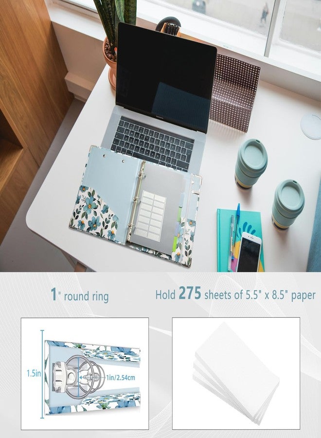 KLLVE A5 Binder 1 Inch，3 Ring Binder Organizer with Clipboard, 5-Tabs Pockets Dividers, Plastic Folder, 18 Divider Stikers, Pen Loop (Blue Flora, Mini Size) - Image 3