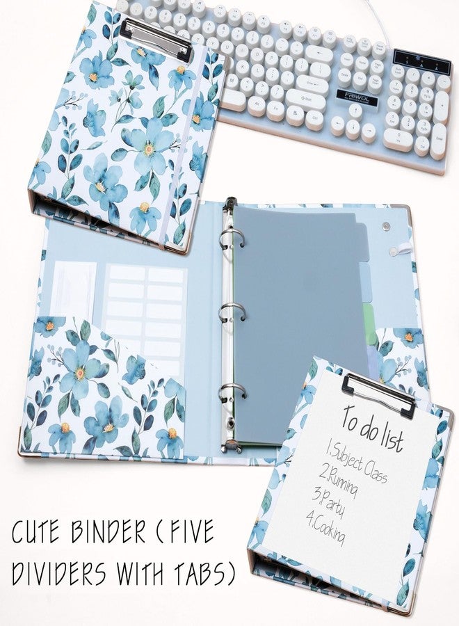 KLLVE A5 Binder 1 Inch，3 Ring Binder Organizer with Clipboard, 5-Tabs Pockets Dividers, Plastic Folder, 18 Divider Stikers, Pen Loop (Blue Flora, Mini Size) - Image 2