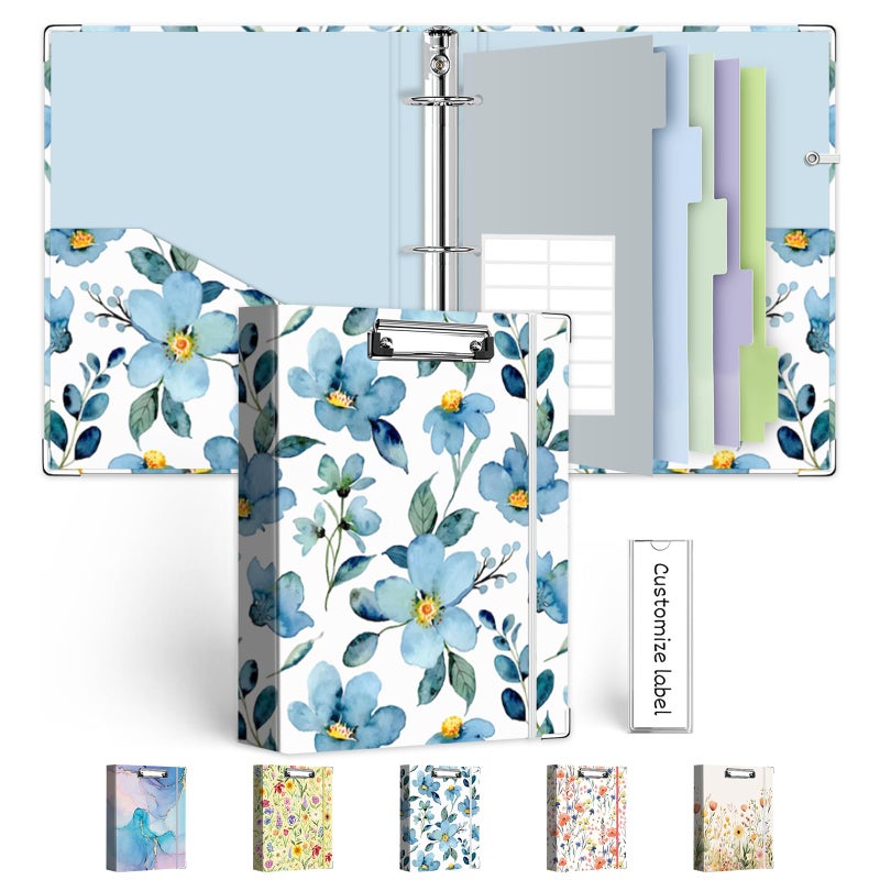 KLLVE A5 Binder 1 Inch，3 Ring Binder Organizer with Clipboard, 5-Tabs Pockets Dividers, Plastic Folder, 18 Divider Stikers, Pen Loop (Blue Flora, Mini Size) - Image 1