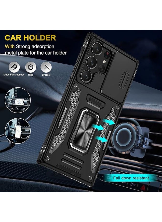 Samsung Galaxy S24 Ultra Case, Shockproof Case, Anti-Fall Drop Protection, Built-in Slide Anti-Scratch Camera Lens Cover, Integrated 360 Degree Rotating Ring Kickstand, Black