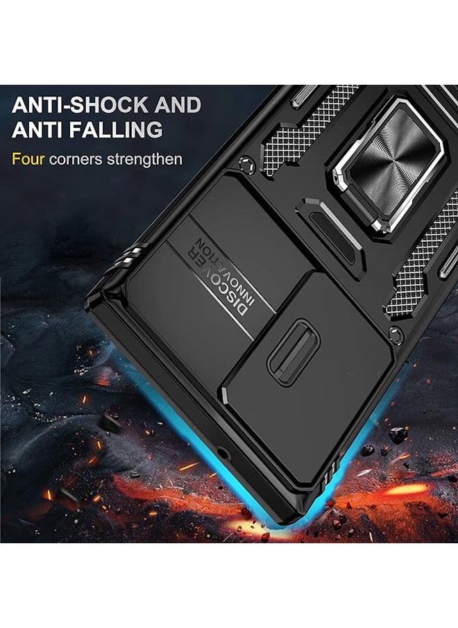 Samsung Galaxy S24 Ultra Case, Shockproof Case, Anti-Fall Drop Protection, Built-in Slide Anti-Scratch Camera Lens Cover, Integrated 360 Degree Rotating Ring Kickstand, Black
