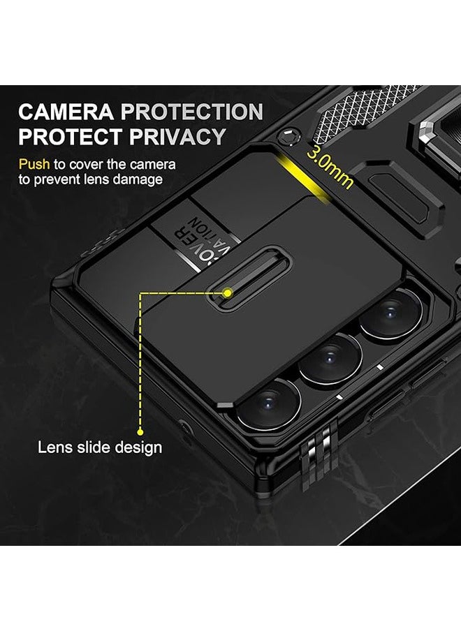 Samsung Galaxy S24 Ultra Case, Shockproof Case, Anti-Fall Drop Protection, Built-in Slide Anti-Scratch Camera Lens Cover, Integrated 360 Degree Rotating Ring Kickstand, Black
