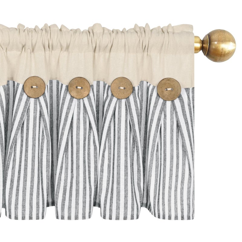 ASPMIZ Farmhouse Cotton Linen Valances for Windows, Boho Kitchen Curtains Valances with Rustic Button, Country Grey Striped Window Treatments Curtain Valance for Bathroom Cafe, 52 x 18 Inch, 1 Pannel - Image 2