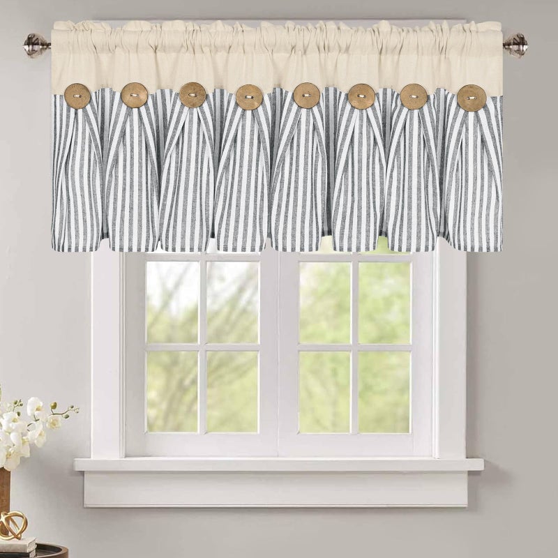 ASPMIZ Farmhouse Cotton Linen Valances for Windows, Boho Kitchen Curtains Valances with Rustic Button, Country Grey Striped Window Treatments Curtain Valance for Bathroom Cafe, 52 x 18 Inch, 1 Pannel - Image 1