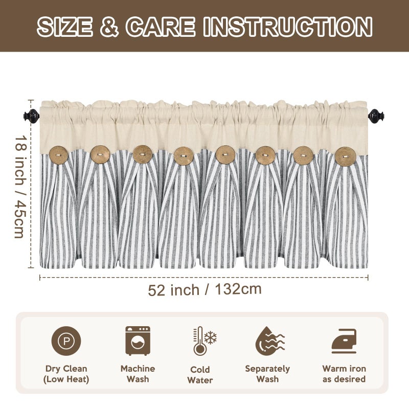ASPMIZ Farmhouse Cotton Linen Valances for Windows, Boho Kitchen Curtains Valances with Rustic Button, Country Grey Striped Window Treatments Curtain Valance for Bathroom Cafe, 52 x 18 Inch, 1 Pannel - Image 4