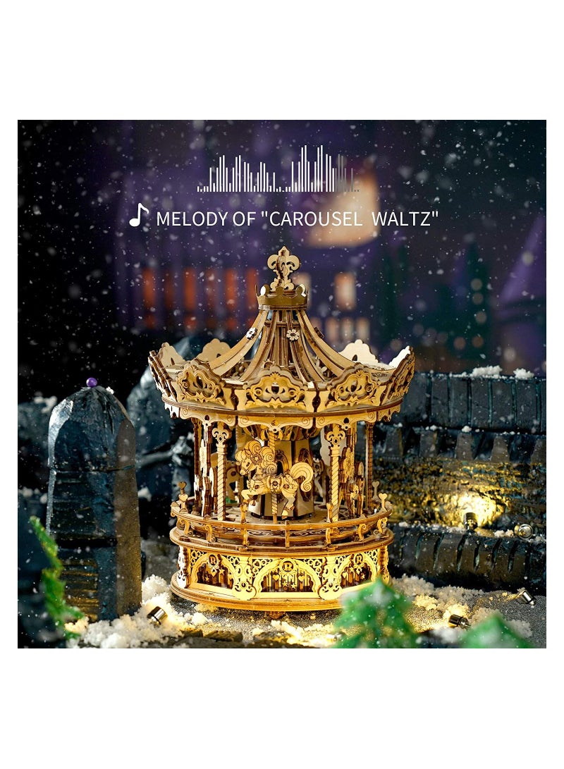 3D Wooden Puzzle Carousel Model Building Kits Rotating 5-Horses Music Box ideal Birthday Gift - Image 2