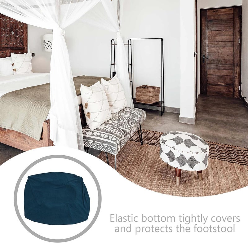 Removable Rectangle Footstool Cover with Elastic Bottom, Machine Washable Foldable Stool Protector, Large Navy Blue Slipcover for Footrest and Shoe Change Stool - Image 3