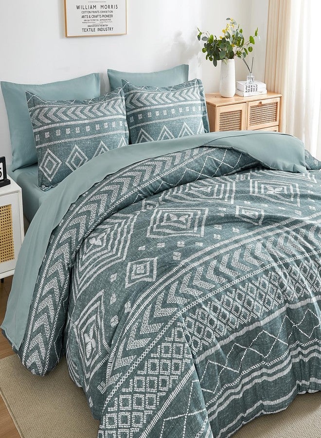 Yiran Boho Comforter Set King Size, Grayish Blue Comforter Bedding Set, 7 Piece Bed in a Bag, Soft Microfiber Bohemian Striped Complete Bedding Set with Sheets for All Season - Image 4