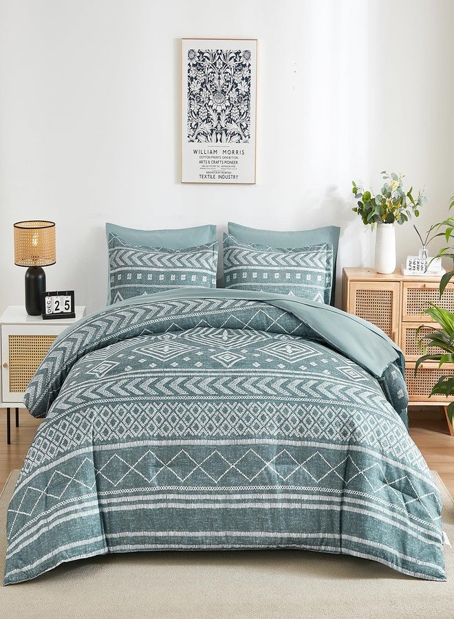 Yiran Boho Comforter Set King Size, Grayish Blue Comforter Bedding Set, 7 Piece Bed in a Bag, Soft Microfiber Bohemian Striped Complete Bedding Set with Sheets for All Season - Image 2