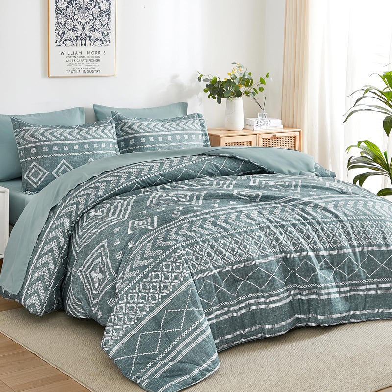 Yiran Boho Comforter Set King Size, Grayish Blue Comforter Bedding Set, 7 Piece Bed in a Bag, Soft Microfiber Bohemian Striped Complete Bedding Set with Sheets for All Season - Image 1
