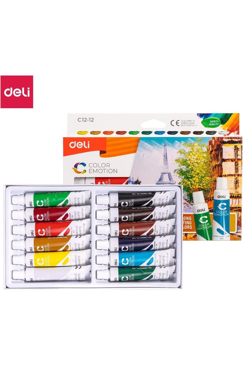 Deli EC12-12 Color Emotion Acrylic Paints 12-Pieces - Image 1