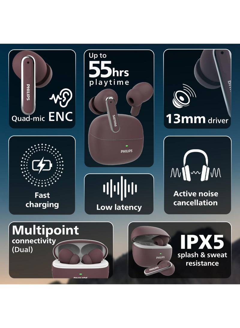 Philips Renewed - TAT1150RD/94 Premium Wireless Earbuds with ANC,Quad Mic ENC,Up to 55 Hr Playtime,13mm Neodymium Drivers,Multipoint, ergonomically Designed,IPX5 Water Resistance, Fast Charging(Red Mahogany) RED MAHOGANY - Image 3