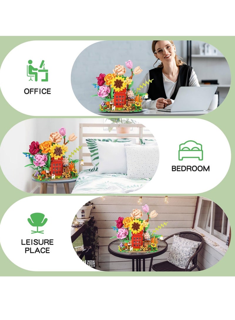 Rose Flower Bouquet Building Set Flower Bouquet Building Blocks with Telephone Booth Bike Cute Animal Colorful and Beautiful Decoration Gift for Lover Friend Decor for Home 1208 PCS - Image 4