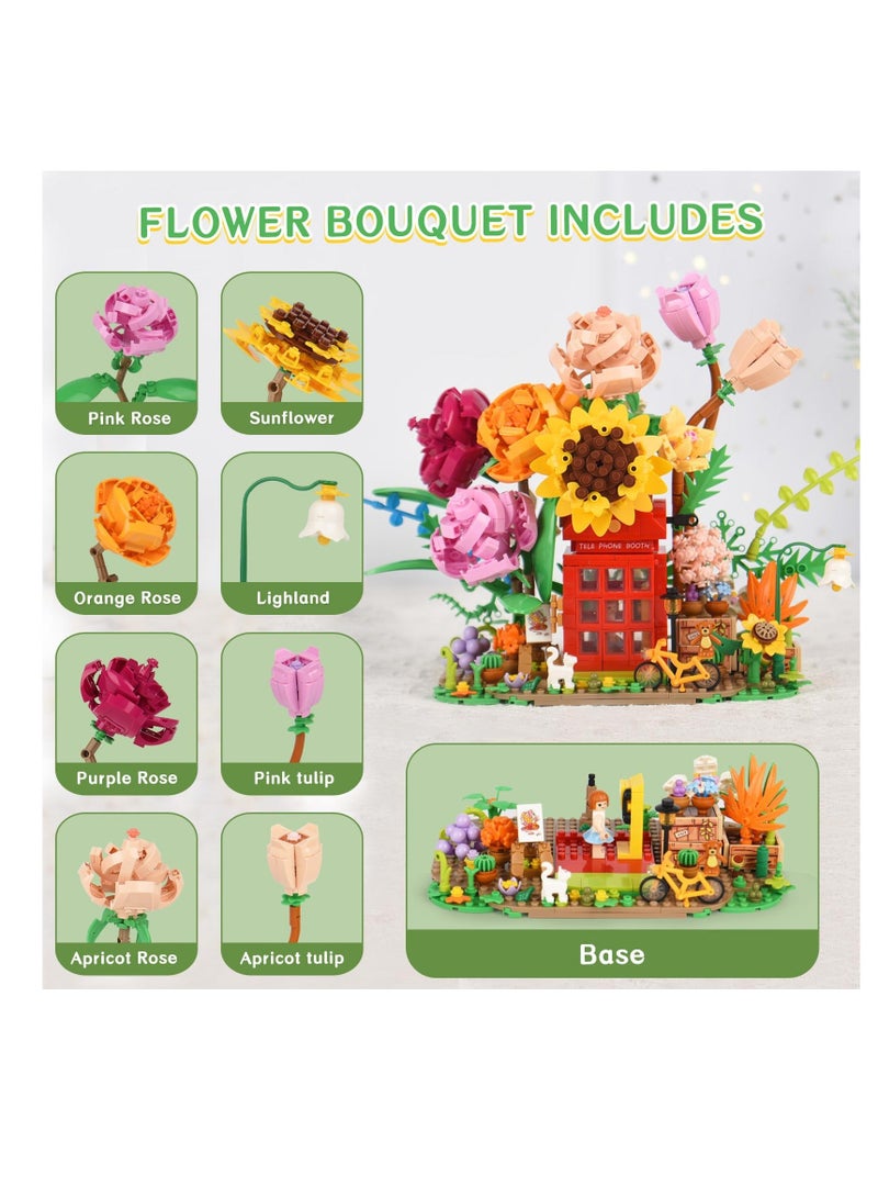 Rose Flower Bouquet Building Set Flower Bouquet Building Blocks with Telephone Booth Bike Cute Animal Colorful and Beautiful Decoration Gift for Lover Friend Decor for Home 1208 PCS - Image 3