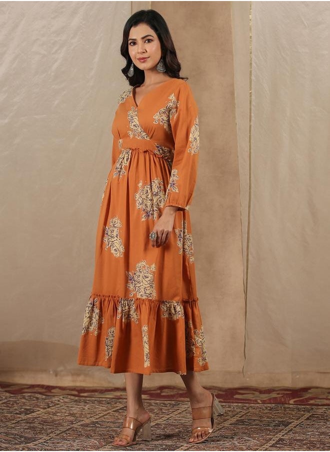 sanskrutihomes All-Over Print Ruffle Hem V-Neck Midi Dress by Styli  - Image 1