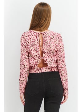 Mohito Women Round Neck Long Sleeve Animal Print Tie Back Strap Blouse, Pink Combo  - Image 4