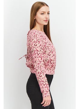 Mohito Women Round Neck Long Sleeve Animal Print Tie Back Strap Blouse, Pink Combo  - Image 2