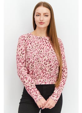 Mohito Women Round Neck Long Sleeve Animal Print Tie Back Strap Blouse, Pink Combo  - Image 1