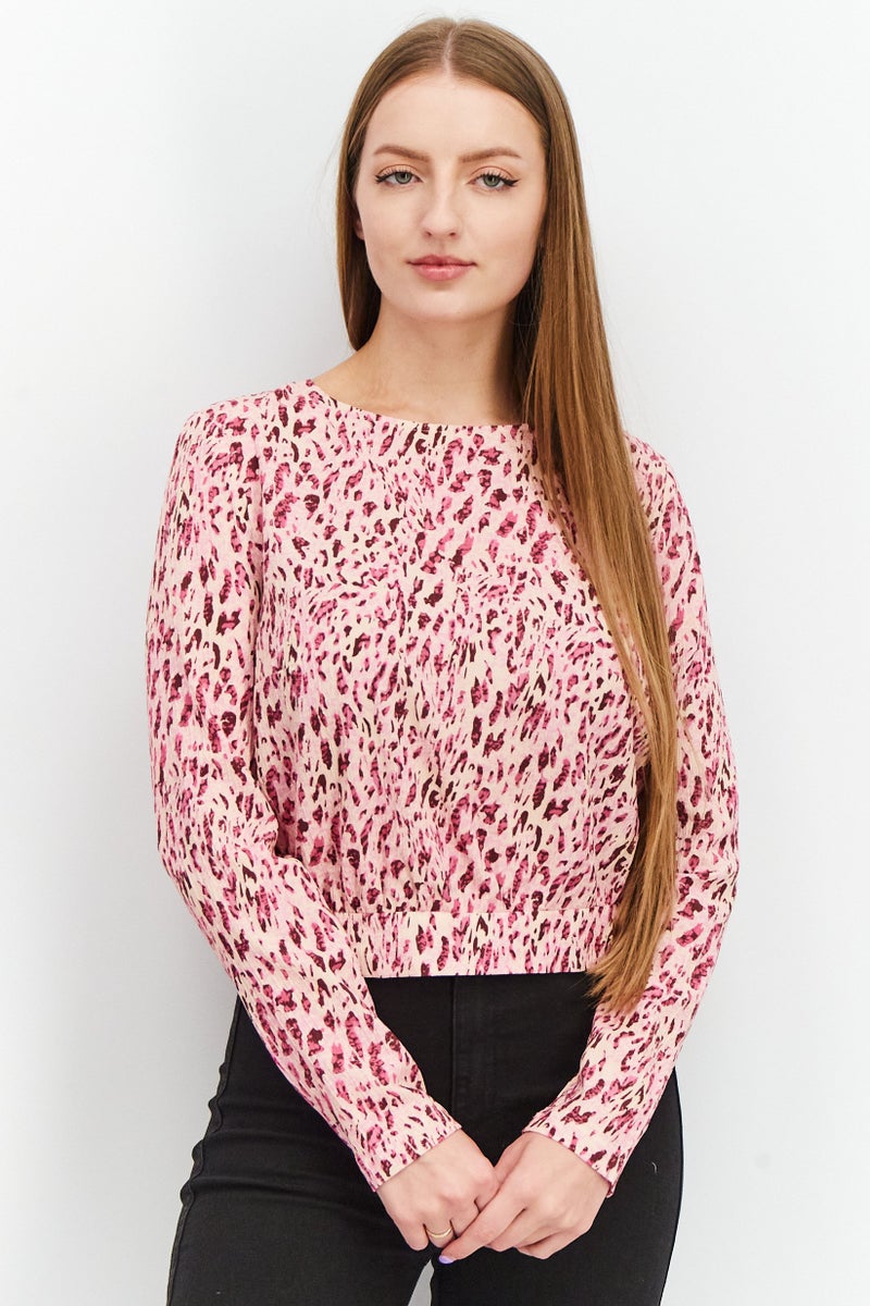 Mohito Women Round Neck Long Sleeve Animal Print Tie Back Strap Blouse, Multicolor - Image 1
